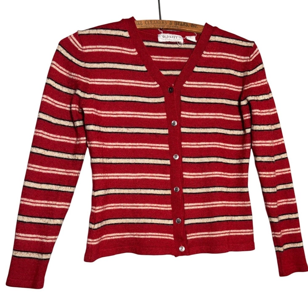 Old Navy Womens Vintage Red Striped Wool Blend Cardigan Sweater S V-Neck Preppy